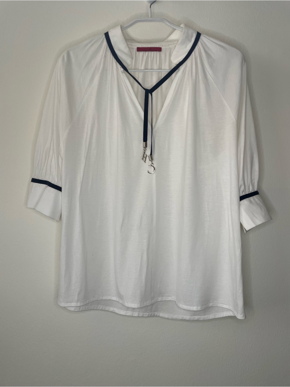 CH Carolina Herrera White Black Trim Blouse With CH Charm Tie - Size S